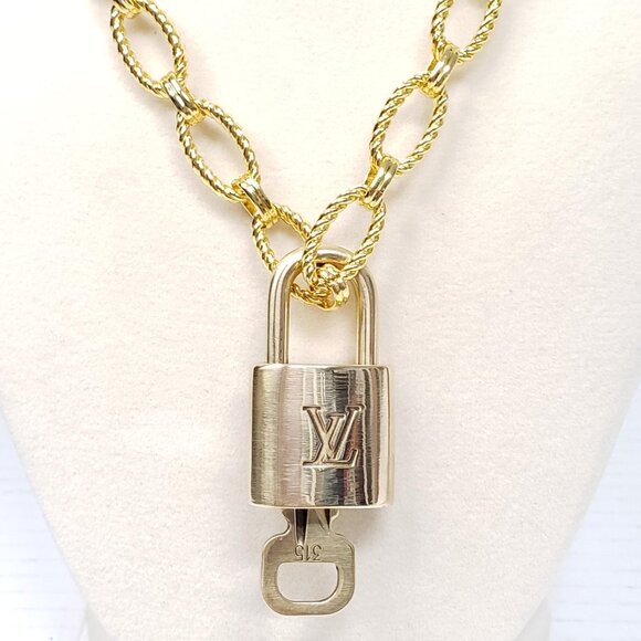 Authentic Louis Vuitton Gold Padlock w/ unbranded Geometry Stainless Steel Chain - Picture 9 of 14